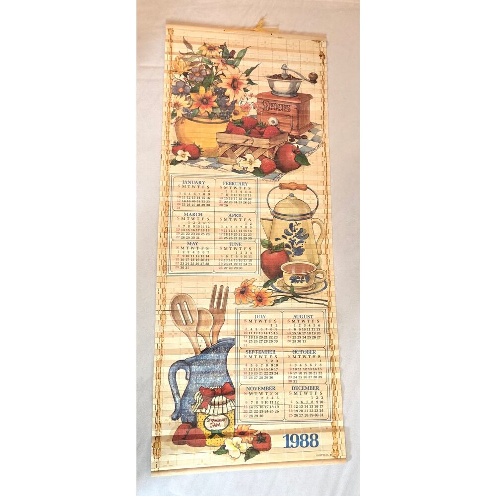 1988 Wooden Reversible Scroll Wall Calendar Spice Grinder Kitchen Art Farmhouse